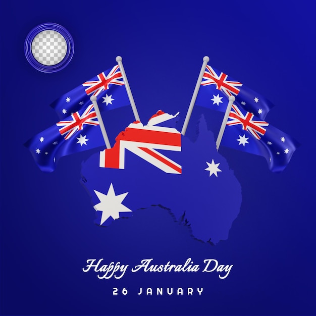 PSD happy australia day mit 3d-australien-kontinent und flaggen kostenlos psd