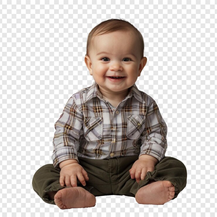 PSD happy baby boy sitting and smiling with a plaid shirt and green pants