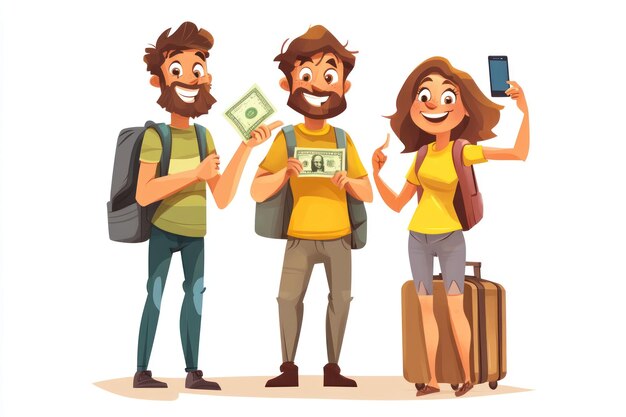 Happy backpackers with cash posing for selfie before trip