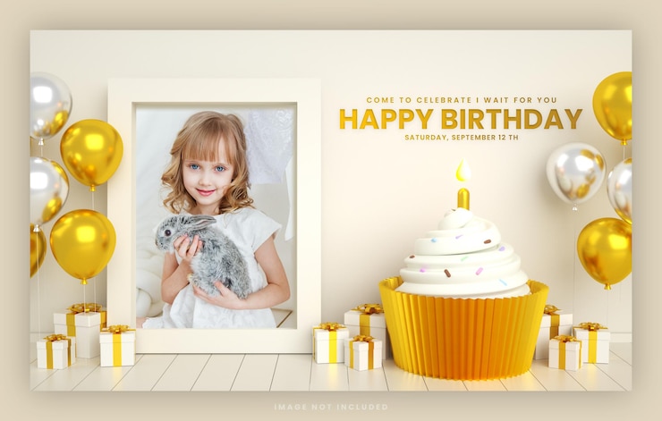 PSD happy birthday banner cake invitation card for golden social media post template with mockup