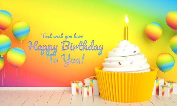 PSD happy birthday banner cake invitation card for rainbow kids social media post template with text