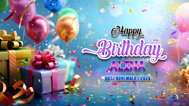PSD happy birthday template with balloons multicolor gift boxes with bows and ribbons