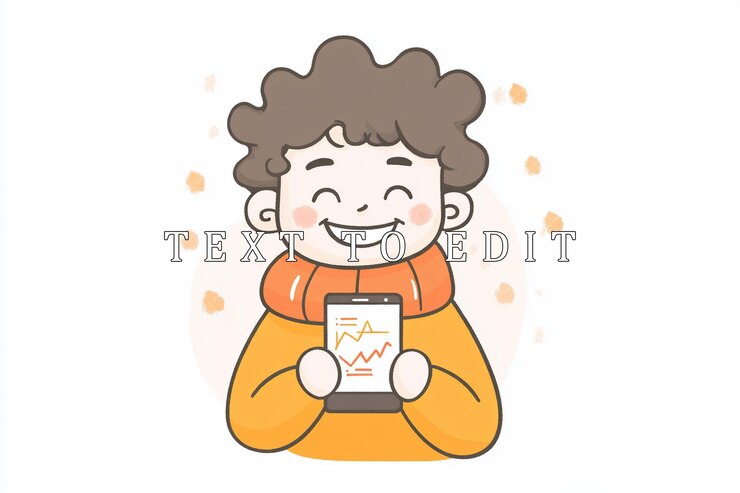 PSD happy boy smiles holding smartphone showing upward trending graph