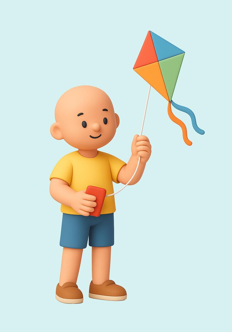 PSD happy boy volando una cometa colorida en un día soleado estilo de dibujos animados en 3d