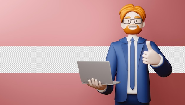 Happy business man thumbs up con notebook in rendering 3d