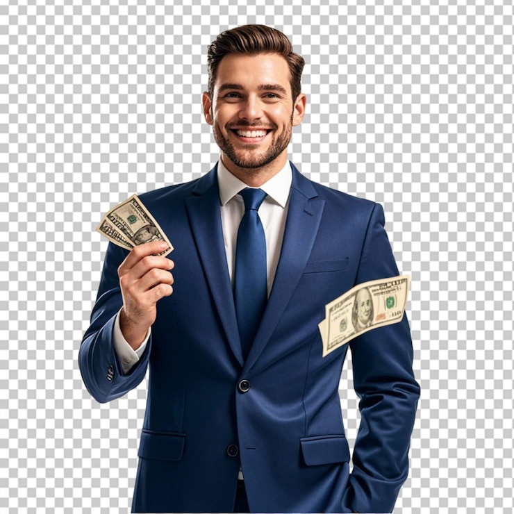 PSD happy businessman and flying dollar banknotes on transparent background