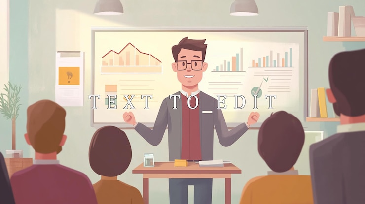 PSD happy businessman giving presentation to colleagues showing charts and graphs on whiteboard