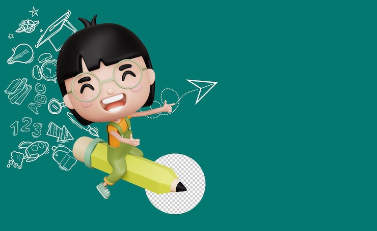 PSD happy child with pancil cute girl cartoon character 3d rendering