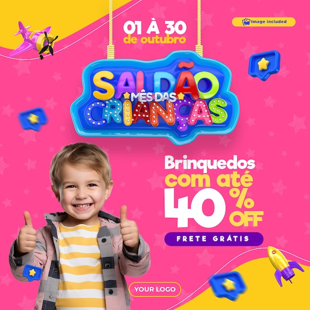 Happy Children's Day bietet eine Social-Media-Vorlage auf Portugiesisch für eine Marketingkampagne