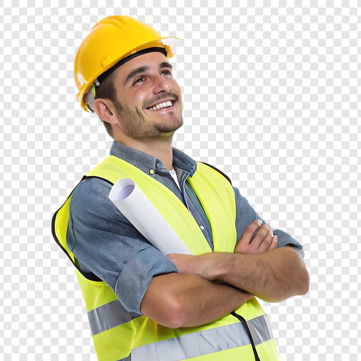 PSD happy construction worker with blueprint