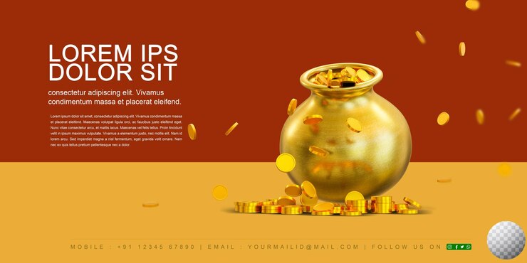 Happy Dhanteras ou Akshaya Tritiya 3D Rendered Pot Banner design com fundo transparente