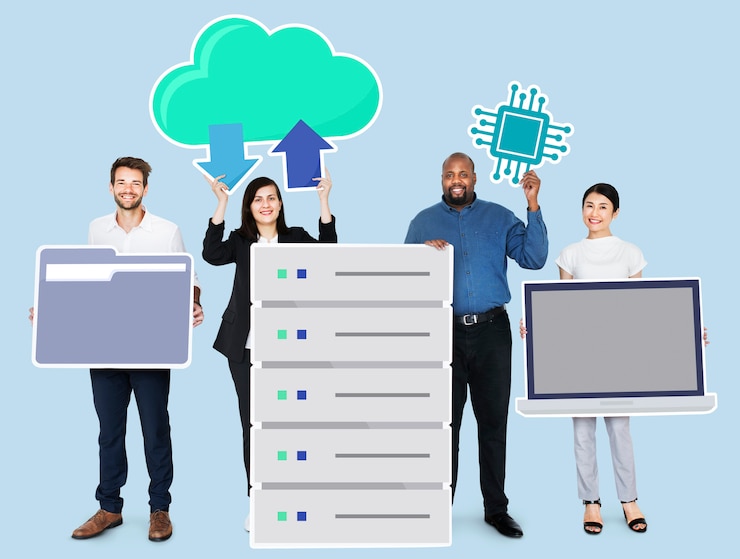 PSD happy diverse business people holding office technology icons