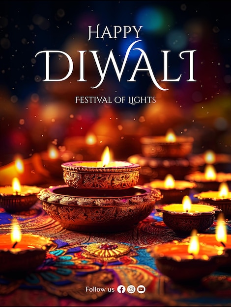 PSD happy diwali poster diwali festival vertikale plakatvorlage brennende diya an einem fröhlichen diwali-feiertag