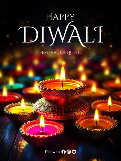 PSD happy diwali poster plantilla de cartel vertical del festival de diwali quemando diya en las felices vacaciones de diwali