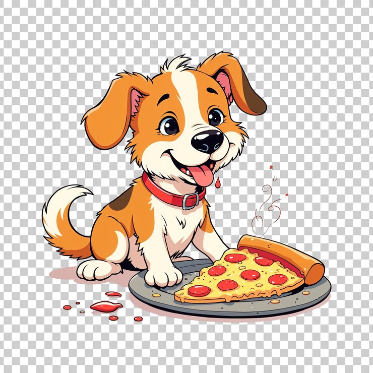 PSD happy dog enjoying a delicious pizza on transparent background