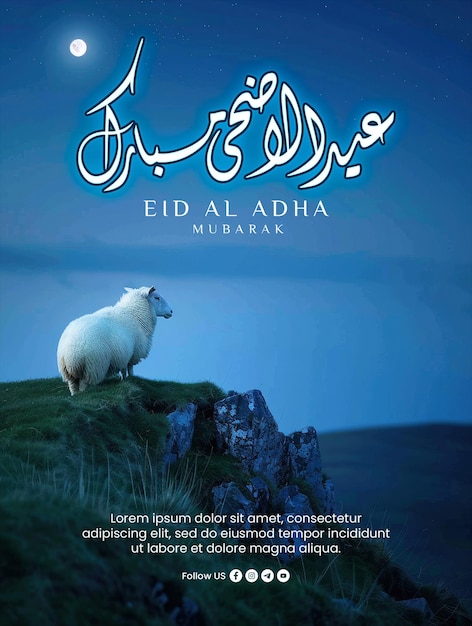 Happy eid al adha poster vorlage mit einem hintergrund einer ziege silhouette auf einem hügel in der nacht gegen