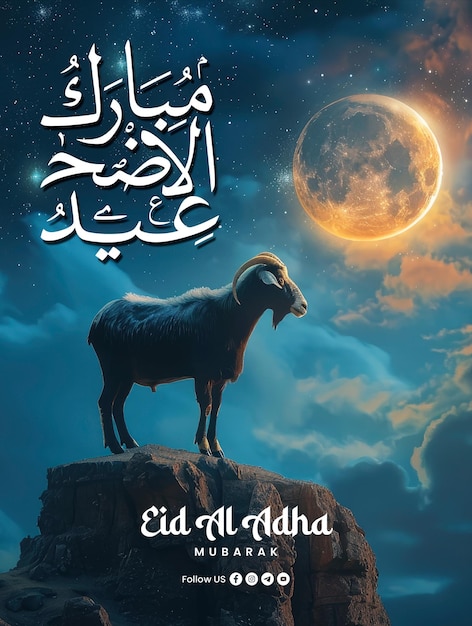 PSD happy eid al adha poster vorlage mit einem hintergrund einer ziege silhouette auf einem hügel in der nacht gegen