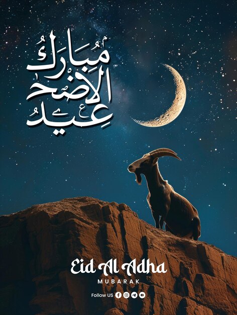 PSD happy eid al adha poster vorlage mit einem hintergrund einer ziege silhouette auf einem hügel in der nacht gegen