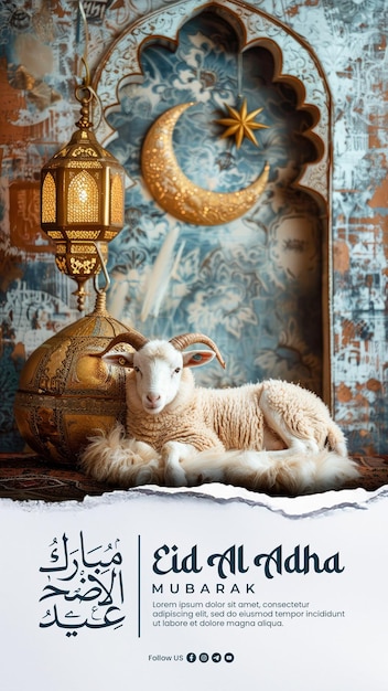 PSD happy eid al adha social media post with islamic decoration background with goat sheep arabic lanter