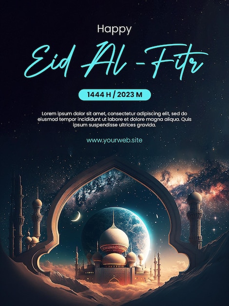 Happy Eid AlFitr poster con uno sfondo di moschea con un tema spaziale