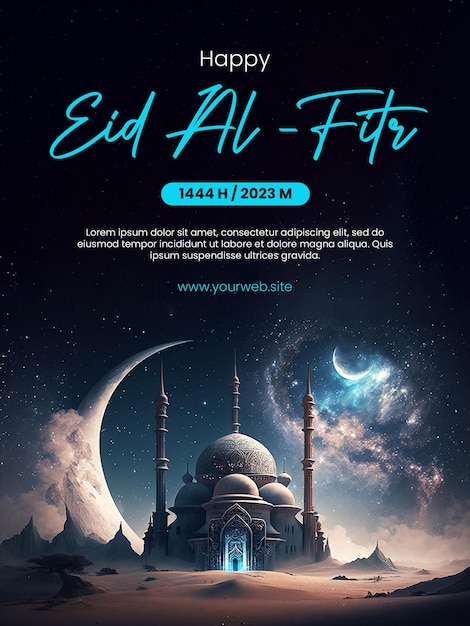 Happy Eid AlFitr poster con uno sfondo di moschea con un tema spaziale