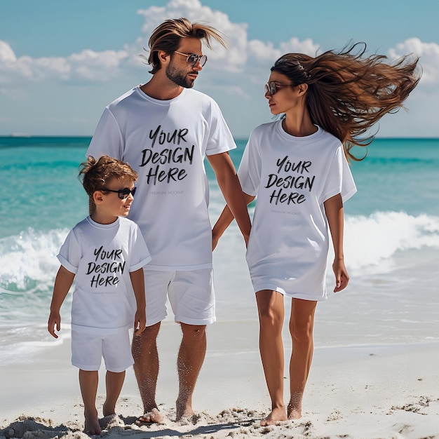 PSD happy family matching white t-shirt psd mockup beim spazierengehen am strand