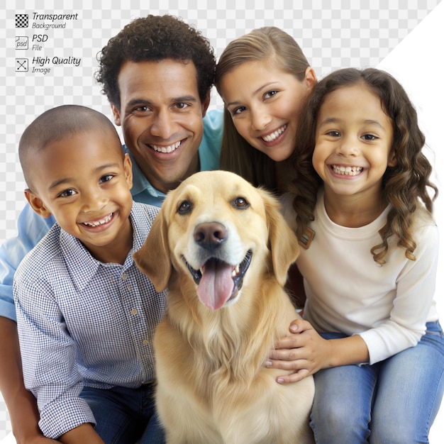 PSD happy family with kids and a golden retriever smiling together