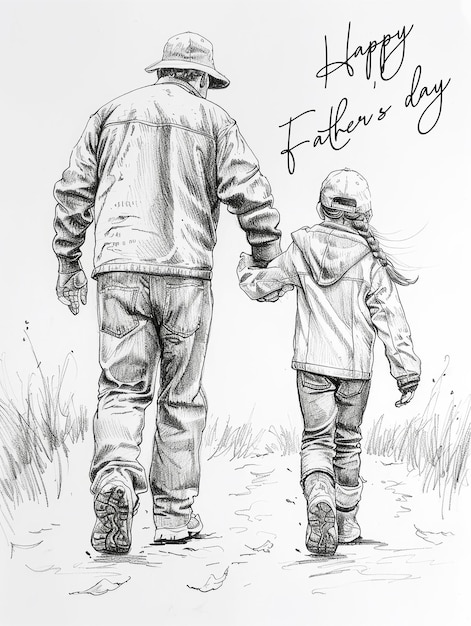 PSD happy fathers day poster template with background drawing line about father and daughter checkhand