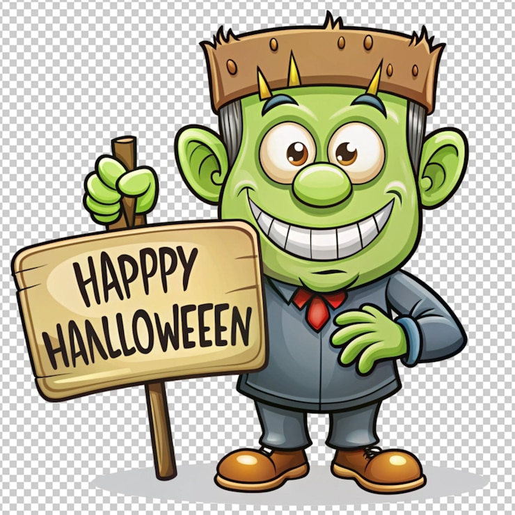 PSD happy frankenstein halloween monster con segno vettoriale dei cartoni animati