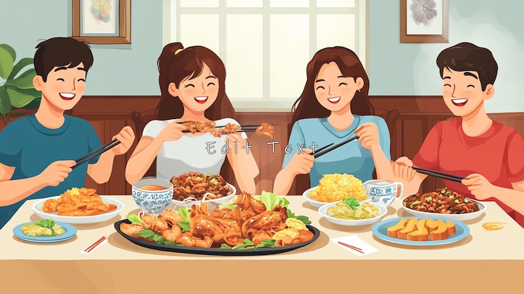 PSD happy friends enjoying delicious asian food together at home
