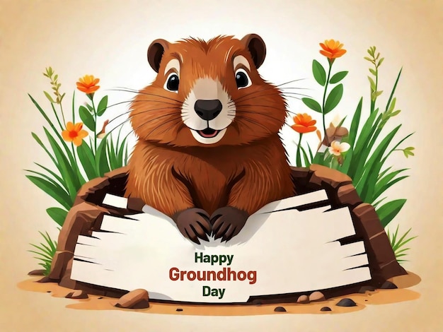 PSD happy groundhog day inschrift auf einer karte mit einem niedlichen braunen murmeltier, der aufwacht und aus seiner höhle kommt