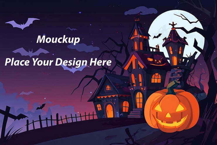 PSD happy halloween website design flat halloween landing page template com silhuetas de abóboras morcegos e casa assombrada