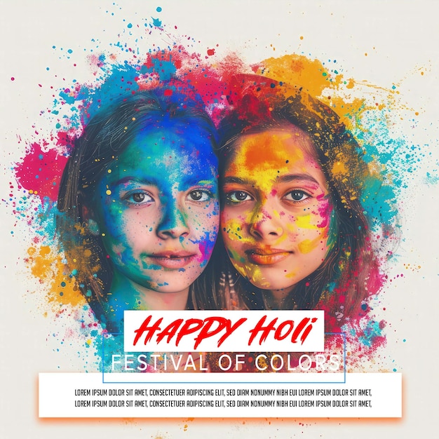 PSD happy holi festival media posts template two girls celebrating with holi colour