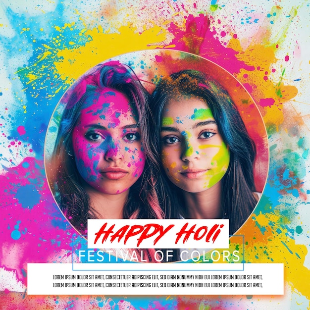 PSD happy holi festival media posts template two girls celebrating with holi colour