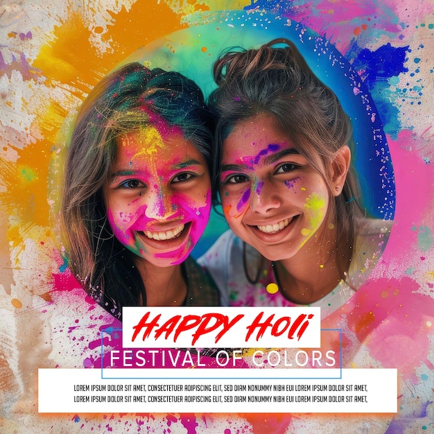 PSD happy holi festival media posts template two girls celebrating with holi colour