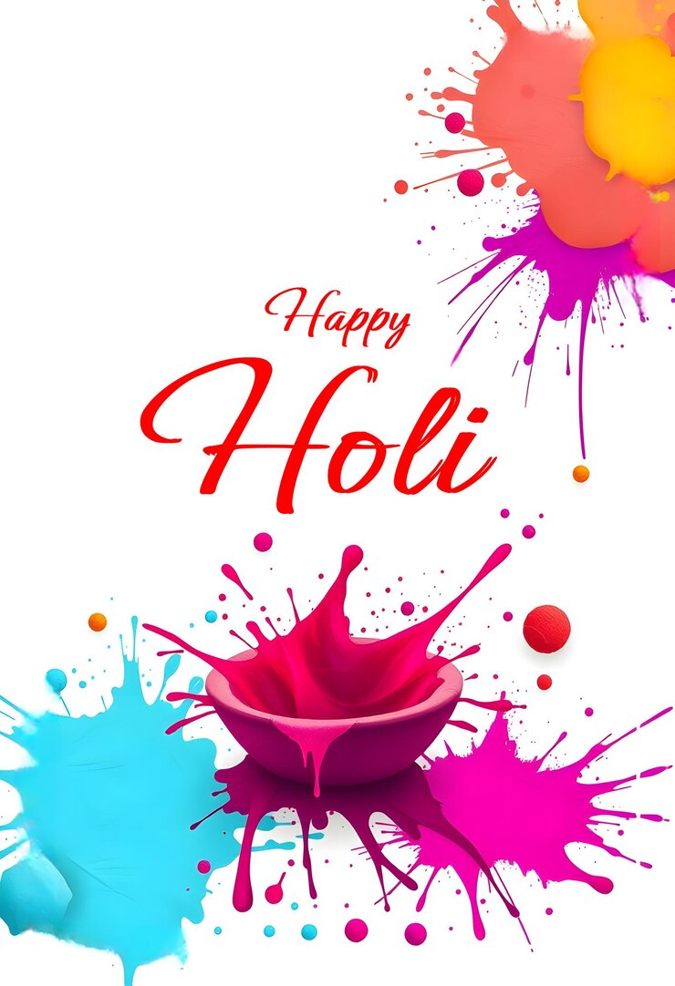PSD happy holi flyer design con schizzi di colore su uno sfondo bianco