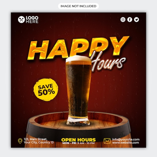 Happy hours modelo de banner quadrado de promoção de mídia social