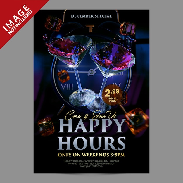 PSD happy hours para restaurante café bar postagem em mídia social ou modelo de promoção de panfleto