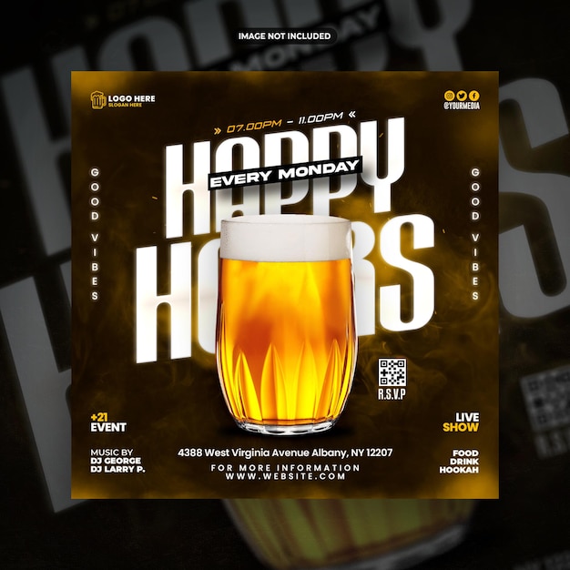 PSD happy hours para restaurante café bar postagem em mídia social ou modelo de promoção de panfleto