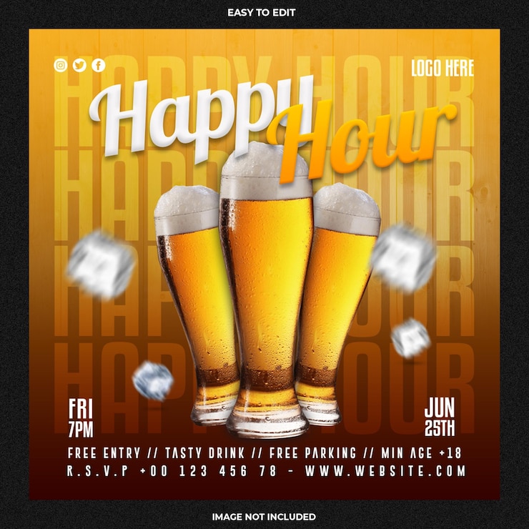 PSD happy hours para la publicación de redes sociales del restaurante cafetería bar o plantilla de promoción de volante