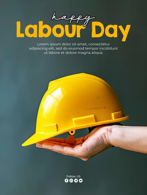 PSD happy labor day poster template with a workers hand holding a yellow project helmet as a background