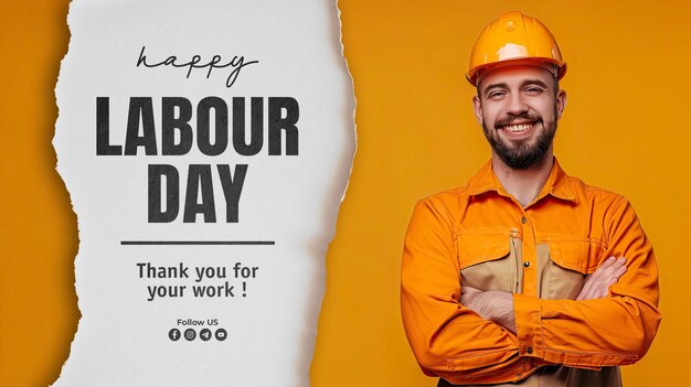 PSD happy labour day banner template with orange helmet and khaki worker uniform smiles