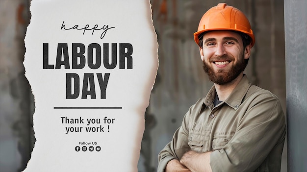 PSD happy labour day banner template with orange helmet and khaki worker uniform smiles