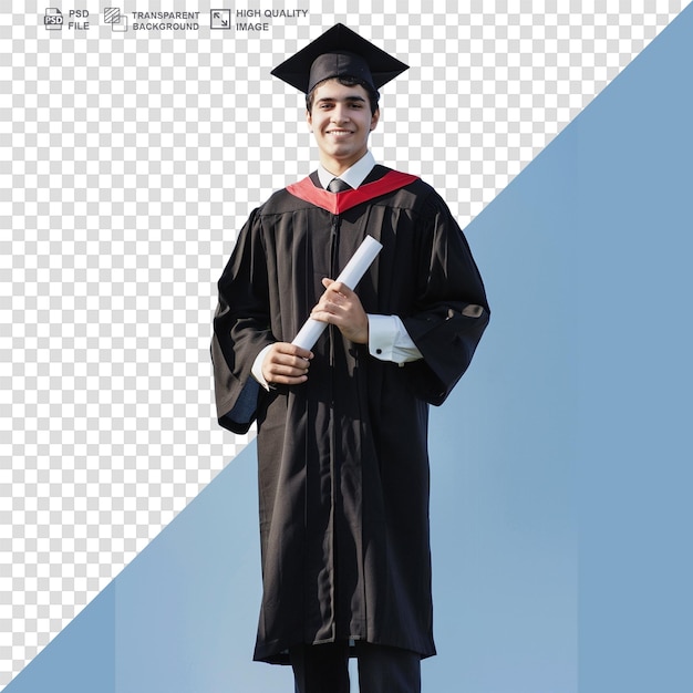 PSD happy male student with diploma posing on transparent background