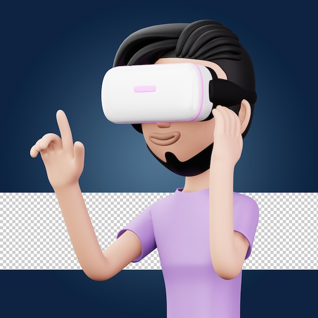 happy man using virtual reality headset cute cartoon character with vr 3d rendering