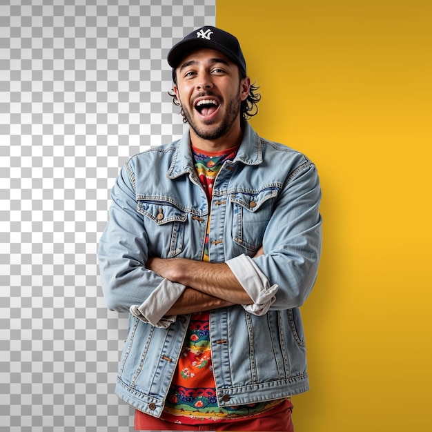 Happy man with arms crossed wearing a denim jacket and a baseball cap Transparent Background