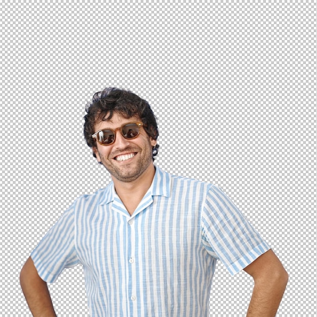 Happy man with sunglasses smiling in a summer shirt