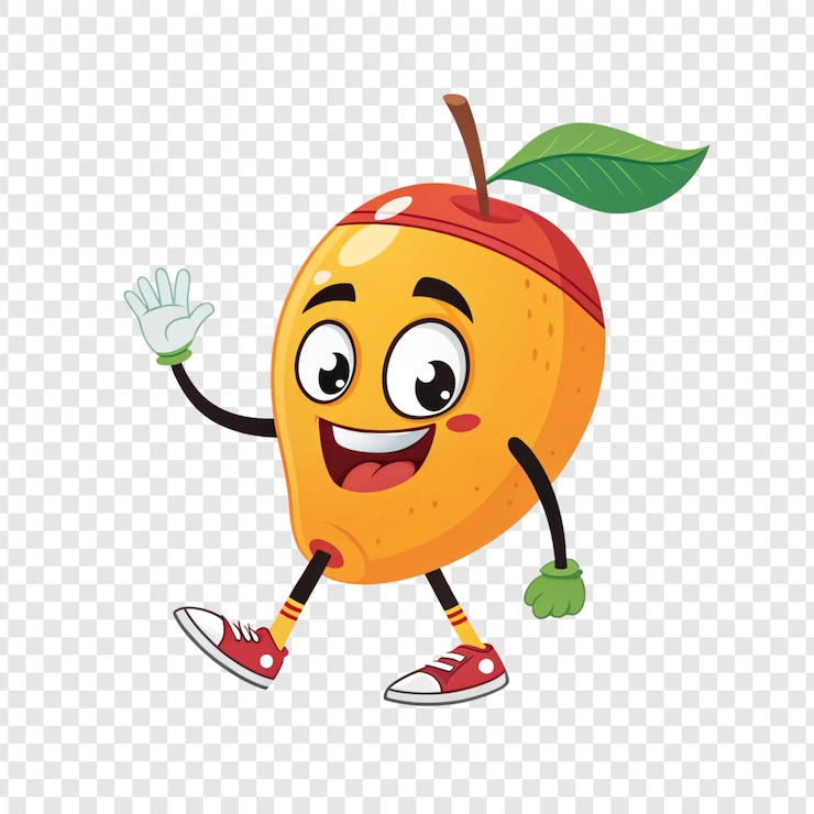 PSD happy mango character camminando e agitando ciao
