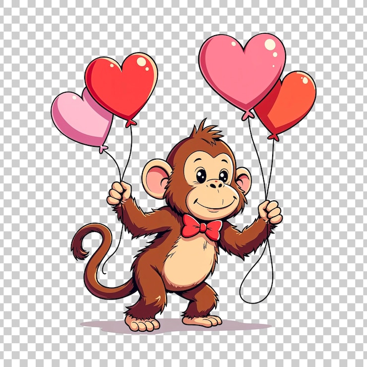 PSD happy monkey holding heart balloons on transparent background