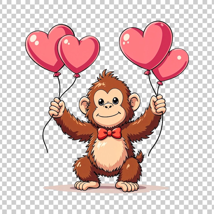PSD happy monkey holding heart shaped balloons on transparent background